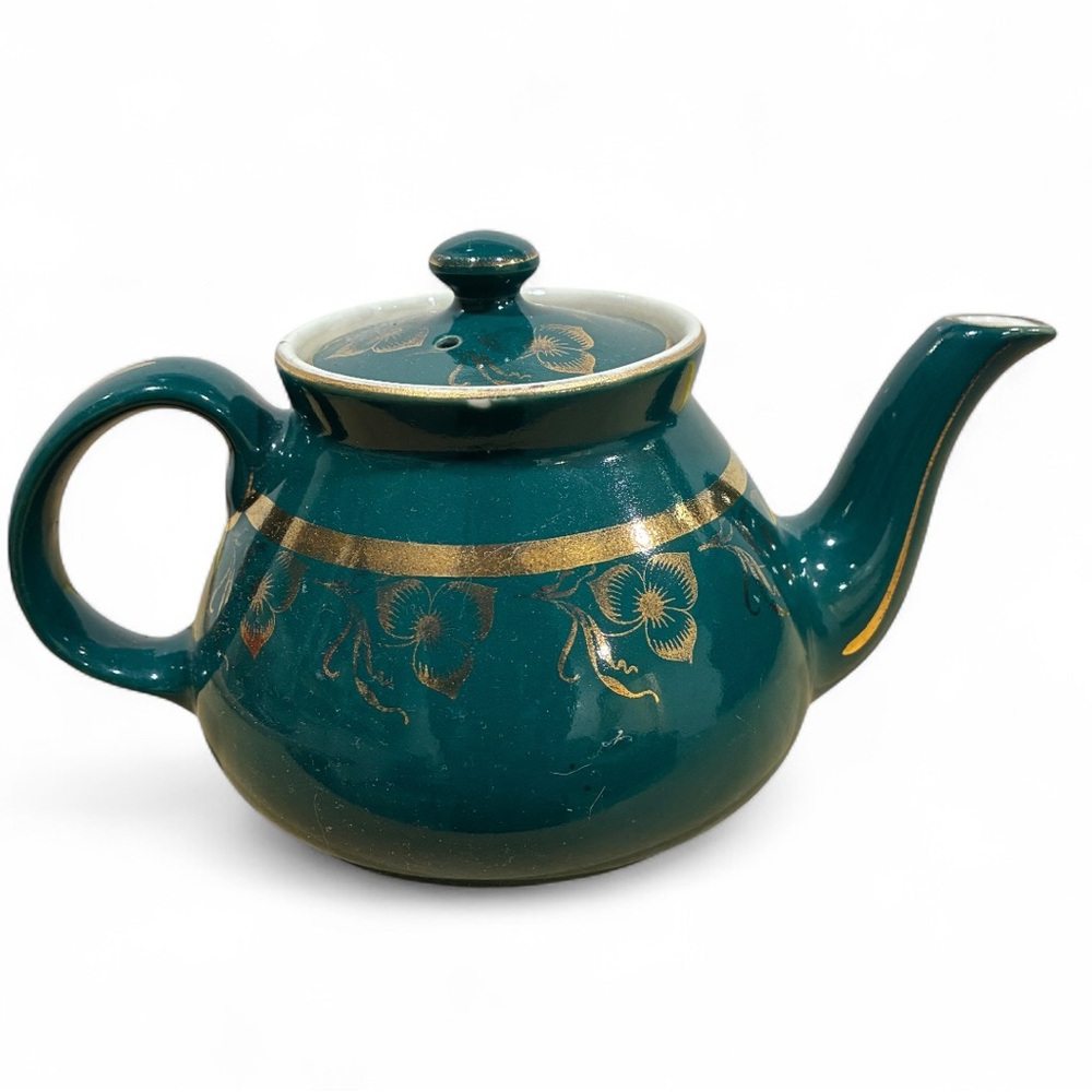 Hall China teapot in the "New York" Emerald green/gold trim/ floral Dresden